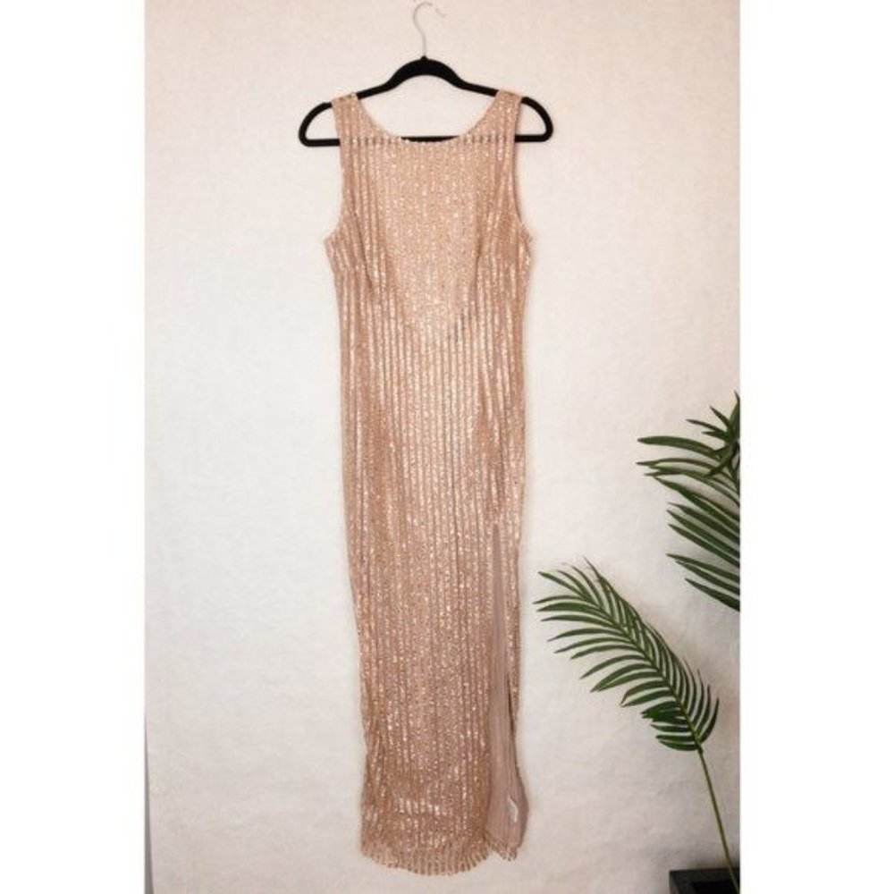 Akira Rose Gold Sheer Mesh Maxi Dress Glitter